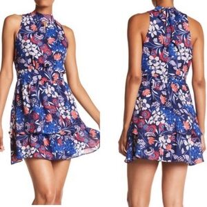 Parker Blue Floral Printed Flowy Tie Neck Cutout Tiered Bow Detail Mini Dress S